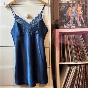 90’ Vintage y2k Victoria Secret Satin Lace Crochet Slip Dress Blue M Mini Naked